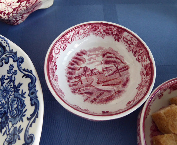 Red Transferware English Scenery Open Salt 1940s Enoch Woods Woods