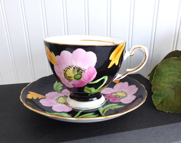 Dramatic Hand Painted Floral Cup And Saucer Black Pink Poppies