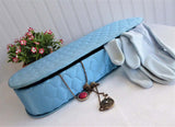 Blue Quilted Satin Glove Box Lingerie Jewelry Box 1940s Vanity Box