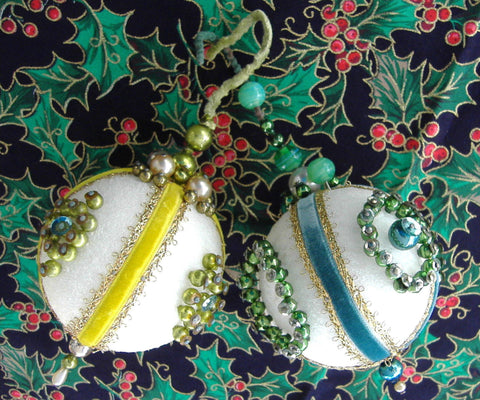 Beaded Christmas Tree Ornaments 2 Yellow Teal Handmade 1950s Mercury Glass Beads