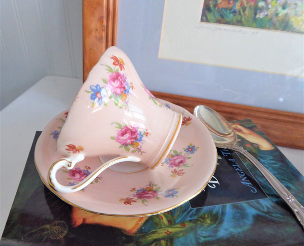 Aynsley Corset Cup And Saucer Peachy Pink Floral Chintz 1940s Bone