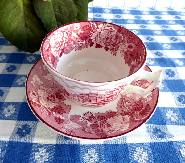 【Enoch Wood's】2点 Red Transferware Tea Cup And Saucer English Scenery 1940s Woods
