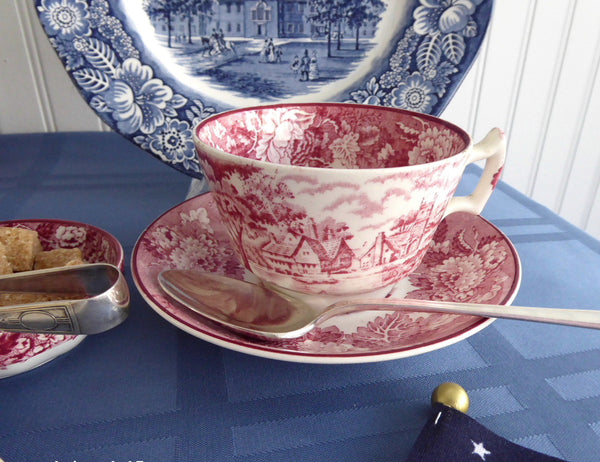 Red Transferware Tea Cup And Saucer English Scenery 1940s Woods
