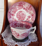 Red Transferware Tea Cup And Saucer English Scenery 1940s Woods Rural Landscape