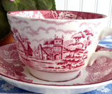 Red Transferware Tea Cup And Saucer English Scenery 1940s Woods Rural Landscape
