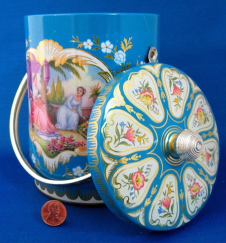 Tea Tin Caddy Blue Gold Overlay Ladies Handle England 1950s Biscuit Tin