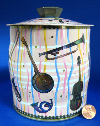 Tea Tin Pink Musical Instruments Stripes Retro England 1940s Biscuits Cookies