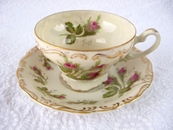 Fancy Cup And Saucer Moss Rose Norcrest Demi Teacup 1950s Hand