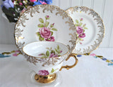 Pink Roses Gold Teacup Trio Cup And Saucer With Plate Rosina 1950s Gold Overlay
