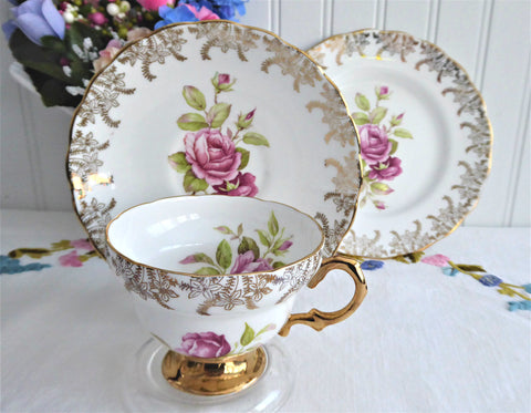 Pink Roses Gold Teacup Trio Cup And Saucer With Plate Rosina 1950s Gold Overlay
