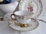 Pink Roses Gold Teacup Trio Cup And Saucer With Plate Rosina 1950s Gold Overlay