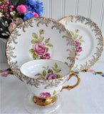 Pink Roses Gold Teacup Trio Cup And Saucer With Plate Rosina 1950s Gold Overlay