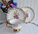 Pink Roses Gold Teacup Trio Cup And Saucer With Plate Rosina 1950s Gold Overlay