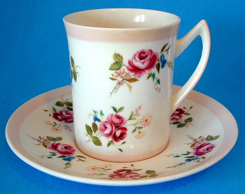 Rosina Tall Tea Cup and Saucer Roses Pink Bone China English 1950s