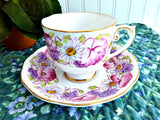 Roslyn Ambleside Cup And Saucer Pink Poppies Daisies 1950s English Bone China