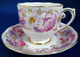 Roslyn Ambleside Cup And Saucer Pink Poppies Daisies 1950s English Bone China