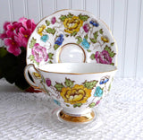 Colorful Floral Cup And Saucer Hand Colored 1950s Royal Tudor Brown Transferware
