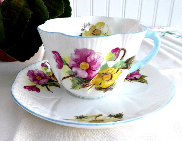 Shelley Dainty Begonia Cup and Saucer England Vintage Blue Trim