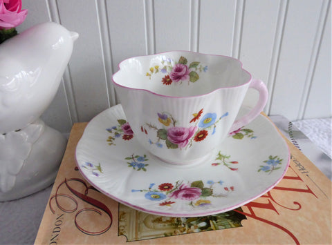 Shelley Cup And Saucer Dainty Shape Rose And Red Daisy Pink Trim Bone China