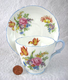 Shelley Davies Tulip Demitasse Cup And Saucer Henley Shape Blue Trim