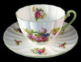 Shelley Hulmes Rose Cup And Saucer Ludlow Shape Green Trim English Bone China