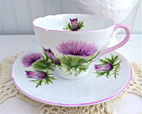 Shelley Thistle Cup And Saucer Cambridge Shape Pink Trim 1950s