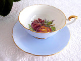 Shelley Fruit Center Blue Cup and Saucer Boston Shape Gold Trim 1960s