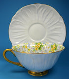 Shelley Primrose Chintz Footed Oleander Teacup Burnished Gold Pale Blue