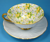 Shelley Primrose Chintz Footed Oleander Teacup Burnished Gold Pale Blue