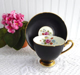 Rare Shelley Matte Black Ripon Cup and Saucer 1950s Rose And Red Daisy