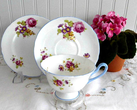 Shelley Cup Saucer Plate Gainsborough Floral Blue Trim Teacup Trio