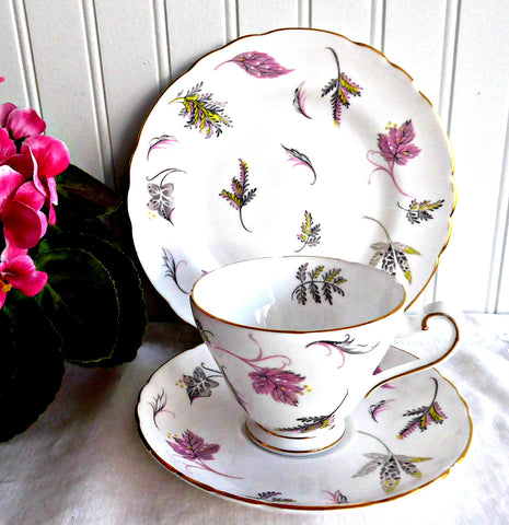 Windswept Leaves Teacup Trio 1950s Tuscan Bone China Pink Grey Green