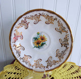 Fancy Yellow Daisies Cup And Saucer Gold Overlay English Bone China 1950s Windsor