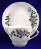 Cup And Saucer Blue Flowers Gold Trim Porcelain China 1950s Chrysanthemum Teacup