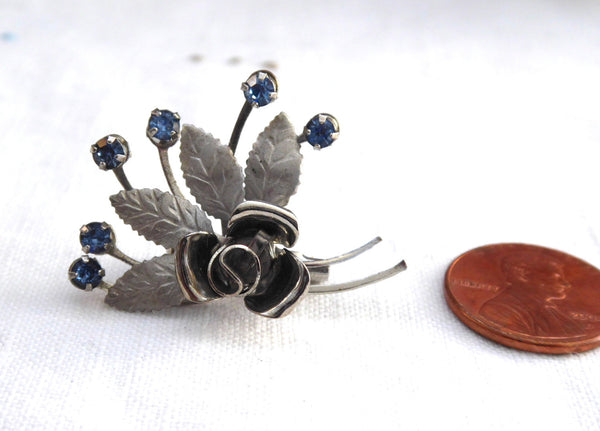 Blue Rhinestones Silver Rose Flower Brooch 1950s Elegant Pin