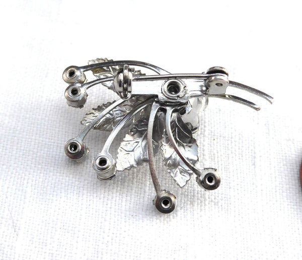 Blue Rhinestones Silver Rose Flower Brooch 1950s Elegant Pin