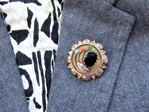 Faux Gemstone Flower Pin Multicolor Convertible Pendant Layered 1950s Gold Plate