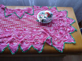 Crocheted Large Table Centerpiece Runner Red Green Pineapple 1950s Hand Made 22X40