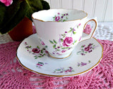 Delicate Pink Rose Cup and Saucer Crown Staffordshire England 1950s Purple Flowers
