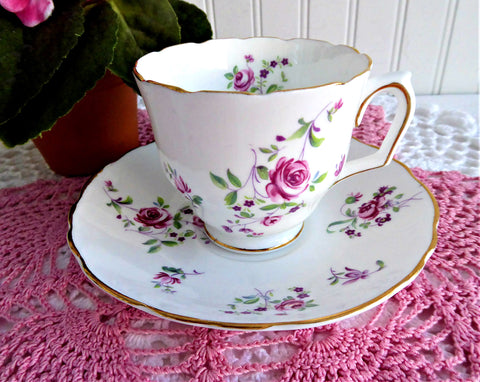 Delicate Pink Rose Cup and Saucer Crown Staffordshire England 1950s Purple Flowers