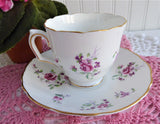 Delicate Pink Rose Cup and Saucer Crown Staffordshire England 1950s Purple Flowers