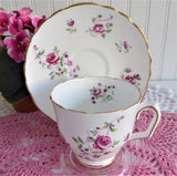 Delicate Pink Rose Cup and Saucer Crown Staffordshire England 1950s Purple Flowers