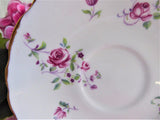 Delicate Pink Rose Cup and Saucer Crown Staffordshire England 1950s Purple Flowers