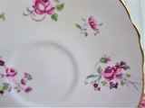 Delicate Pink Rose Cup and Saucer Crown Staffordshire England 1950s Purple Flowers