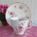 Delicate Pink Rose Cup and Saucer Crown Staffordshire England 1950s Purple Flowers