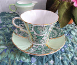 Cup And Saucer Green Paisley Chintz Panels 1950s Vintage Royal Standard Gold Overlay