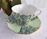 Cup And Saucer Green Paisley Chintz Panels 1950s Vintage Royal Standard Gold Overlay
