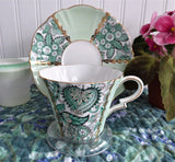 Cup And Saucer Green Paisley Chintz Panels 1950s Vintage Royal Standard Gold Overlay