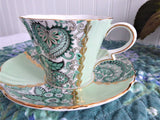 Cup And Saucer Green Paisley Chintz Panels 1950s Vintage Royal Standard Gold Overlay