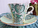 Cup And Saucer Green Paisley Chintz Panels 1950s Vintage Royal Standard Gold Overlay